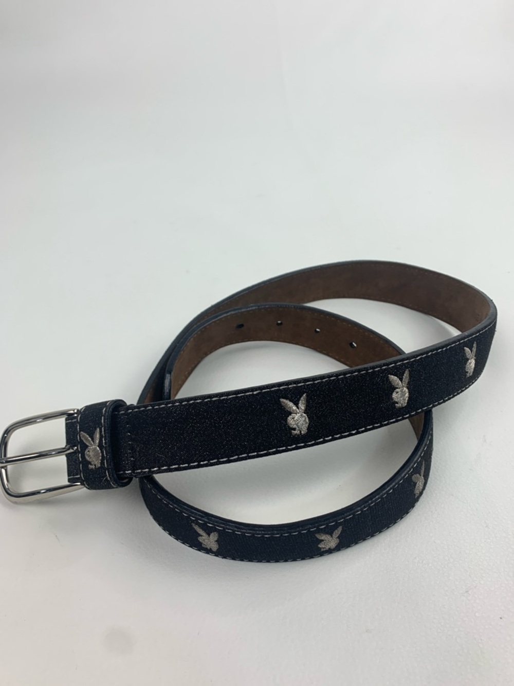 Playboy Leather Black Embroidered Bunny Emblem Belt Sparkle Adjustable Large 36